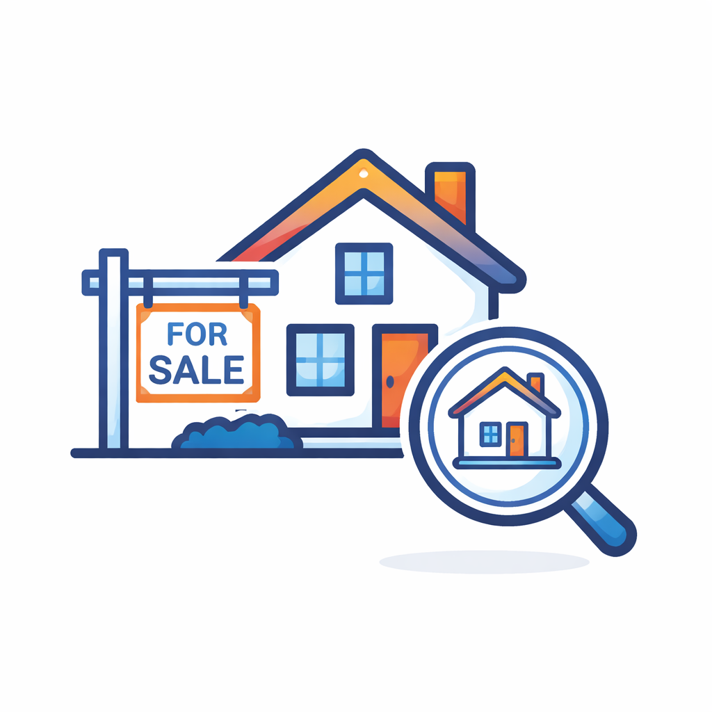 Home for sale property with magnifying glass